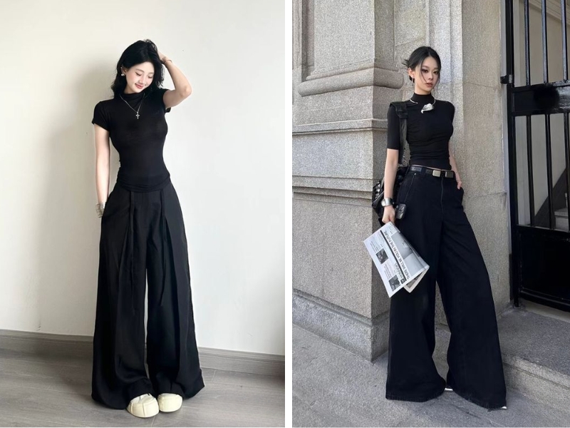 Áo thun đen cổ lọ tay ngắn phối quần tây đen ống rộng