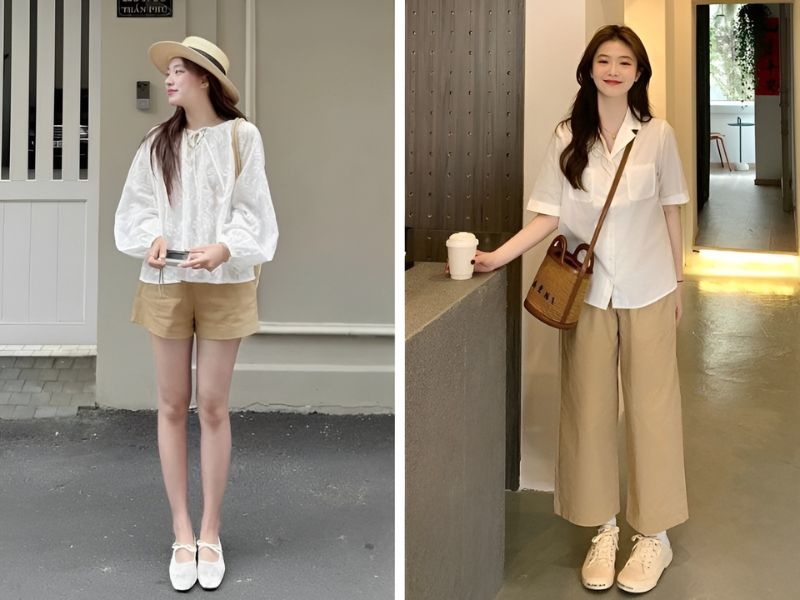 Phối áo màu trắng và quần màu kem