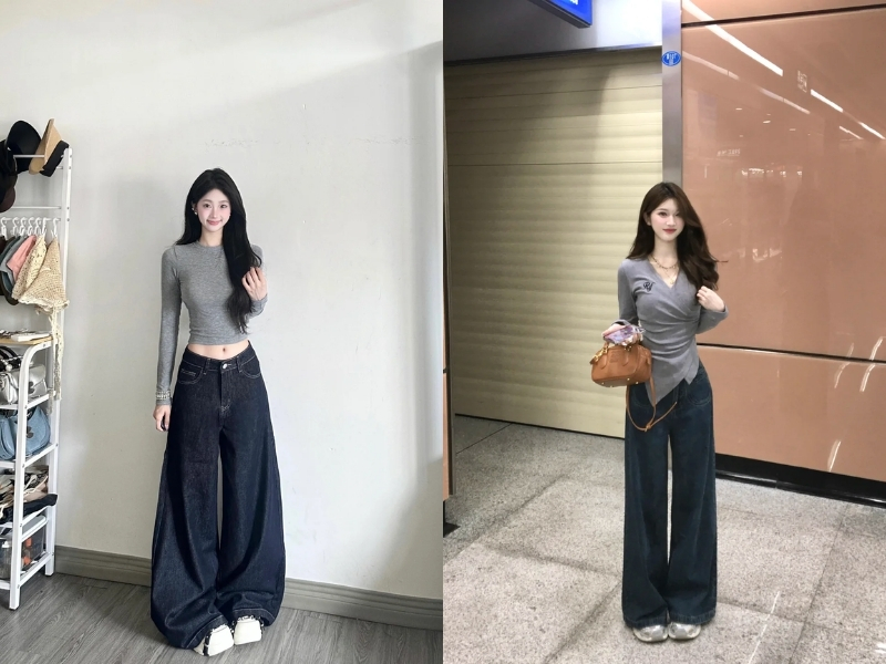 áo body xám dài tay kết hợp quần ống rộng