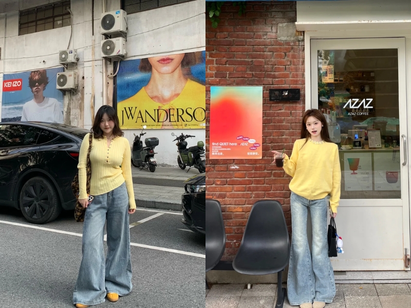 Áo vàng kết hợp quần xanh