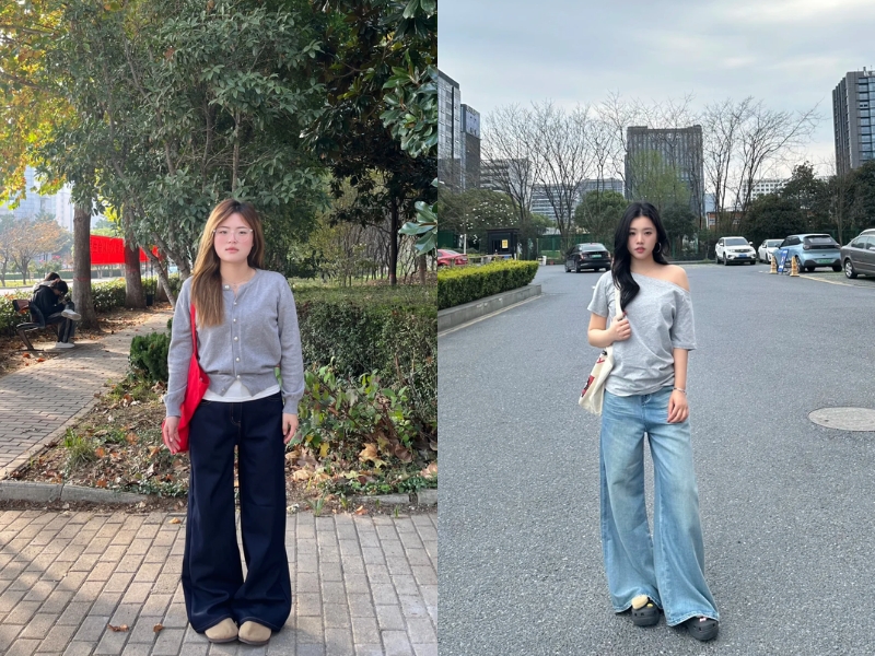 Áo xám mix cùng quần jean xanh dương