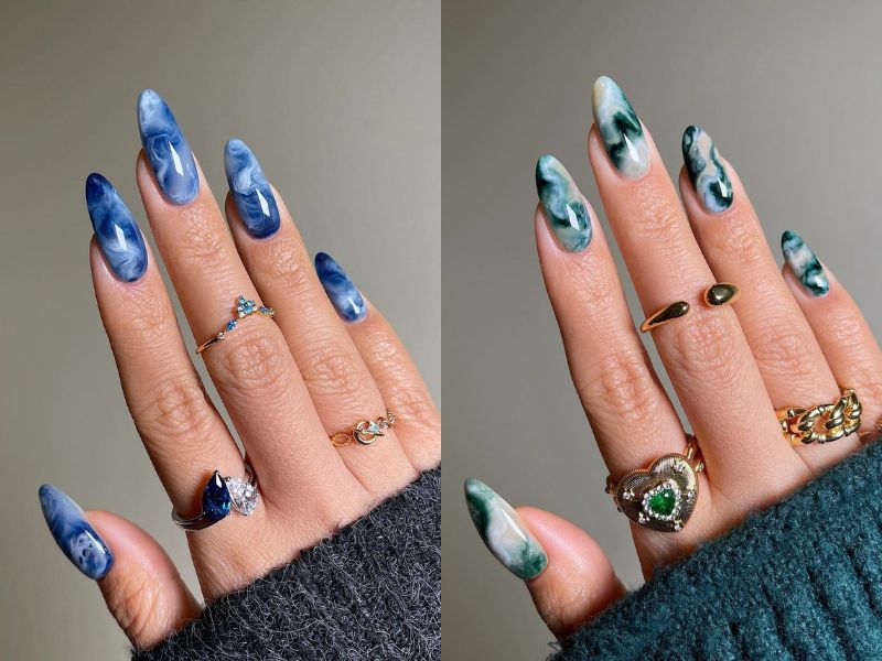 nail vân đá màu xanh