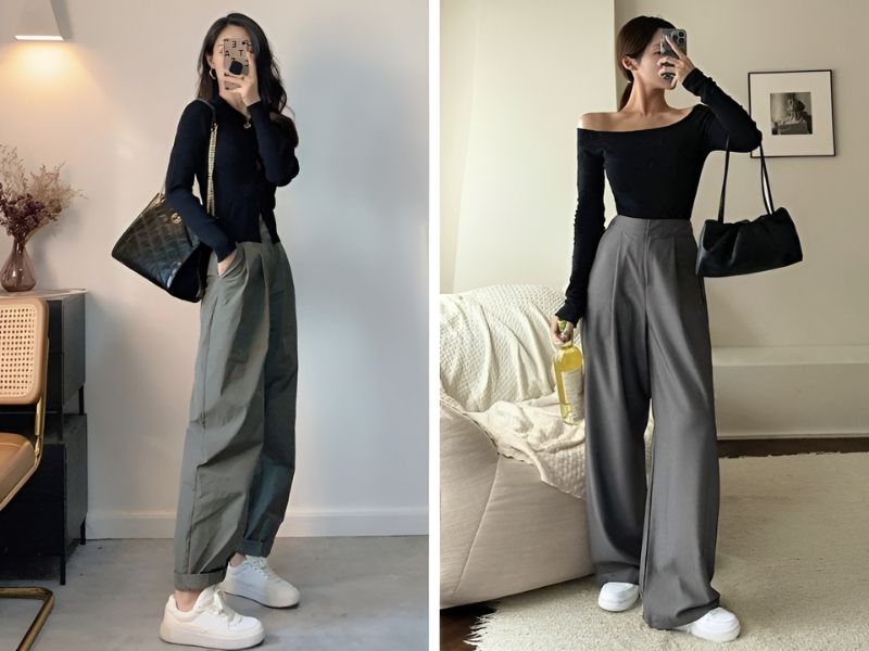 Phối áo đen và quần xám