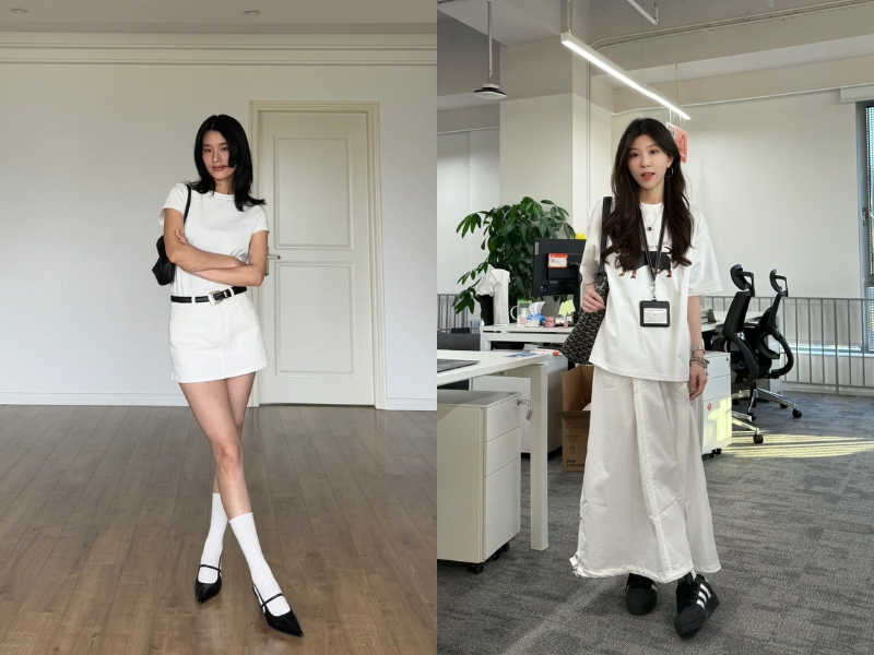 Sự kết hợp giữa áo thun và chân váy trắng