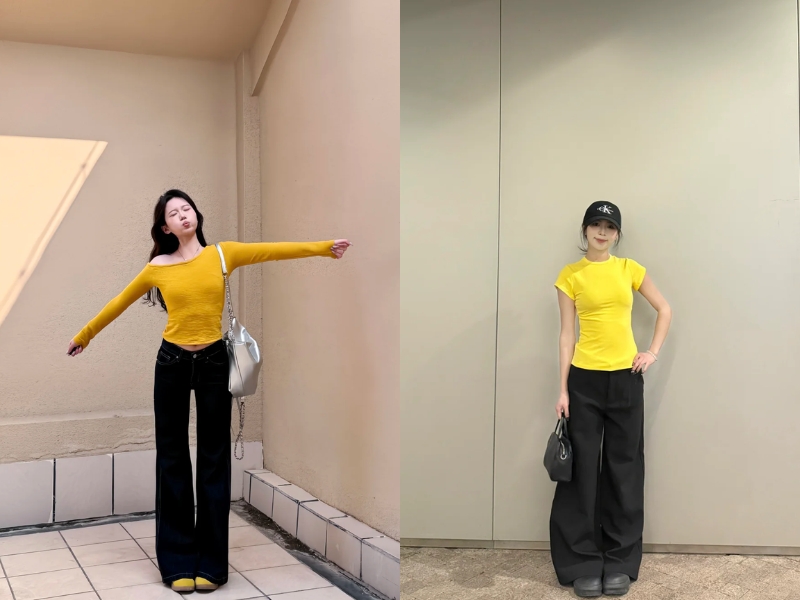 áo vàng phối quần đen basic