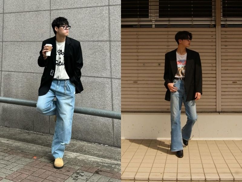 Áo thun nam phối quần jean, blazer 