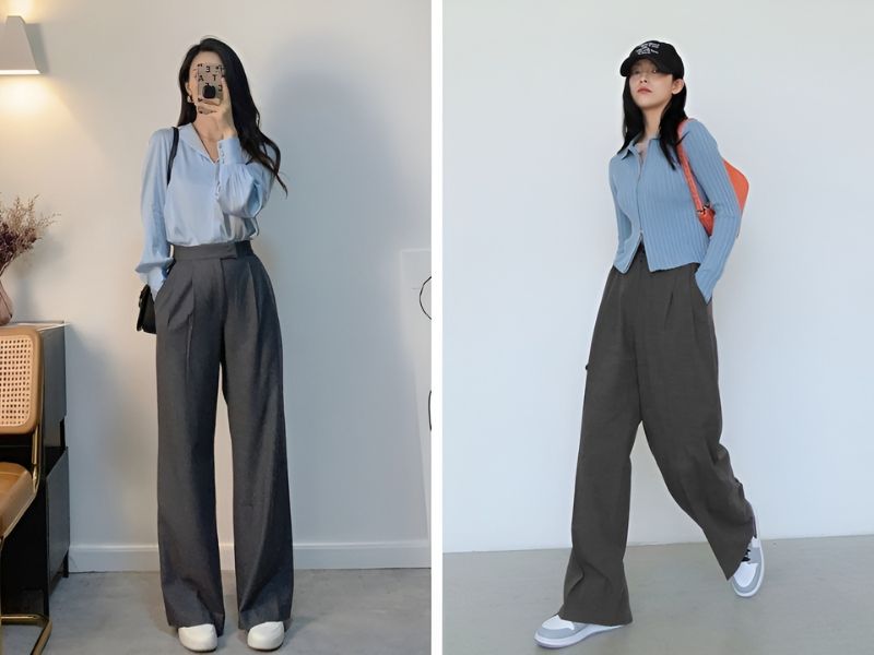 Phối áo sơ mi xanh dương và quần tây màu xám