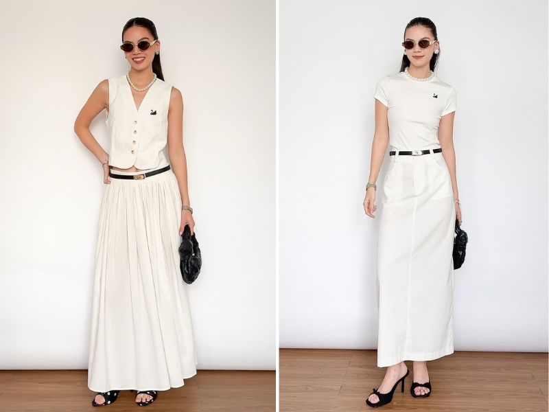 Chân váy trắng phối cùng outfit trắng