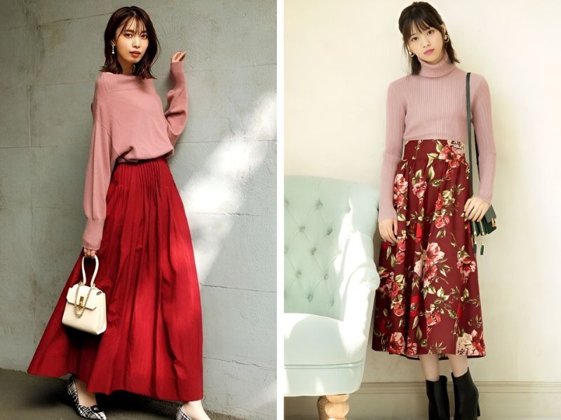 Phối chân váy đỏ và áo màu hồng