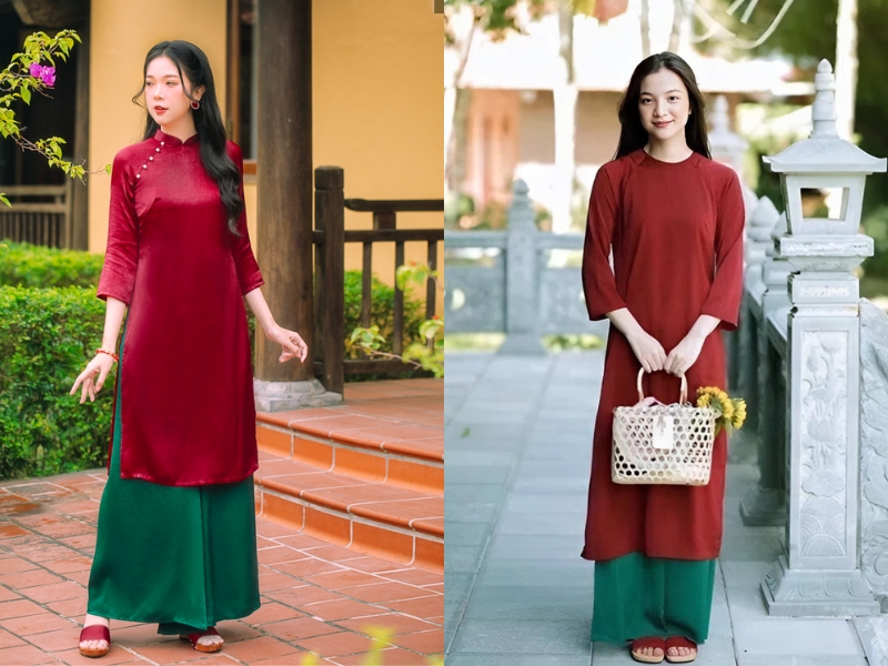phối đồ áo dài màu đỏ với quần Gam xanh rêu