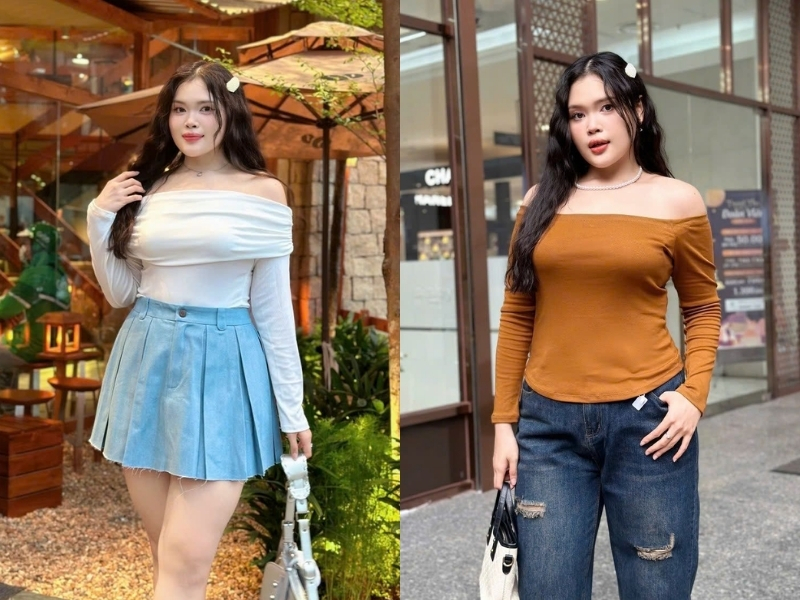 Phối đồ với áo trễ vai cho người béo 