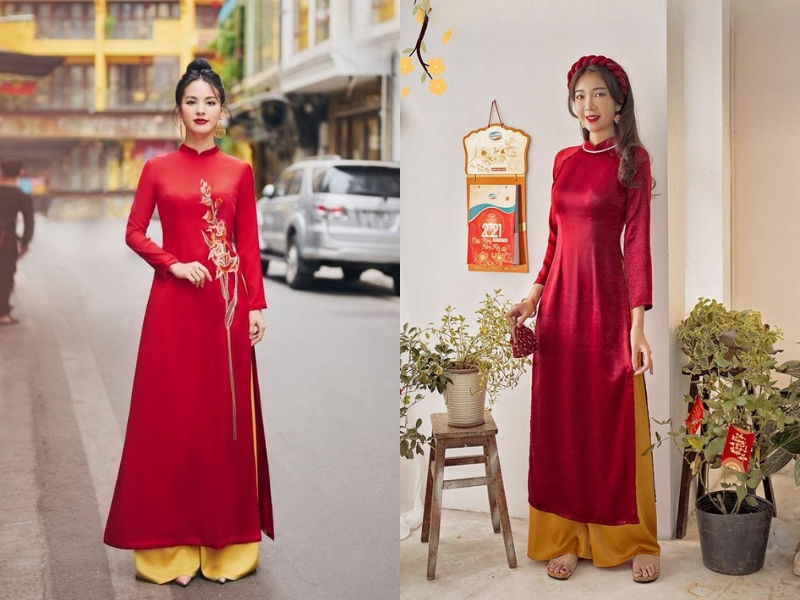 Cách phối áo dài đỏ cùng quần màu vàng