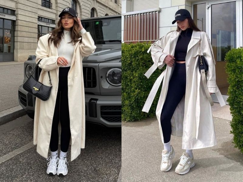 Trench coat oversize phối sneaker trắng