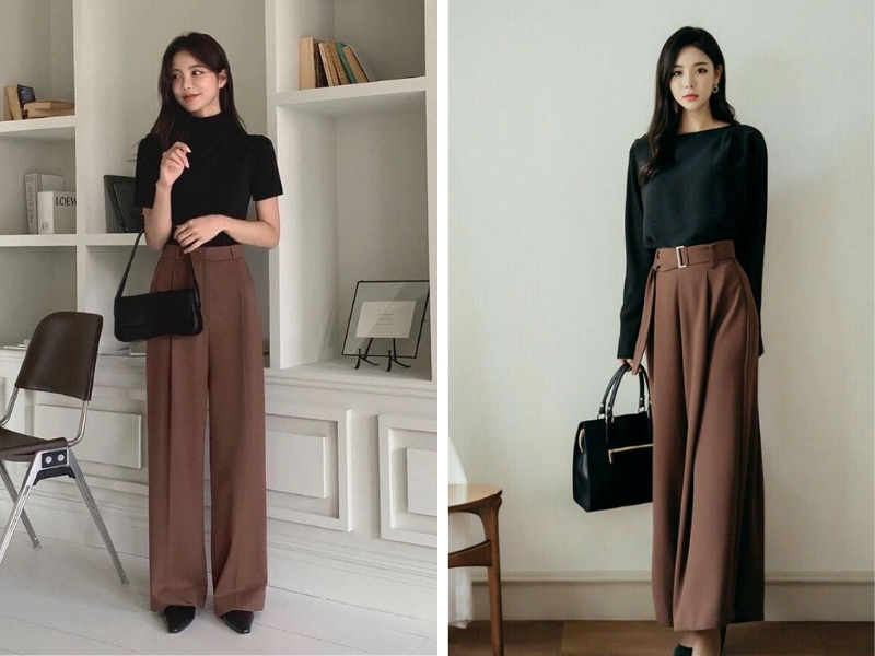 Áo đen phối với quần nâu tây nữ