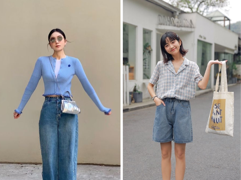Outfit xanh dương quần jeans của nữ