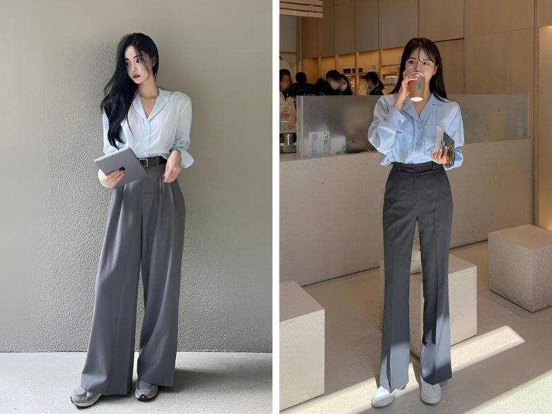 Phối quần tây xám và áo màu xanh dương