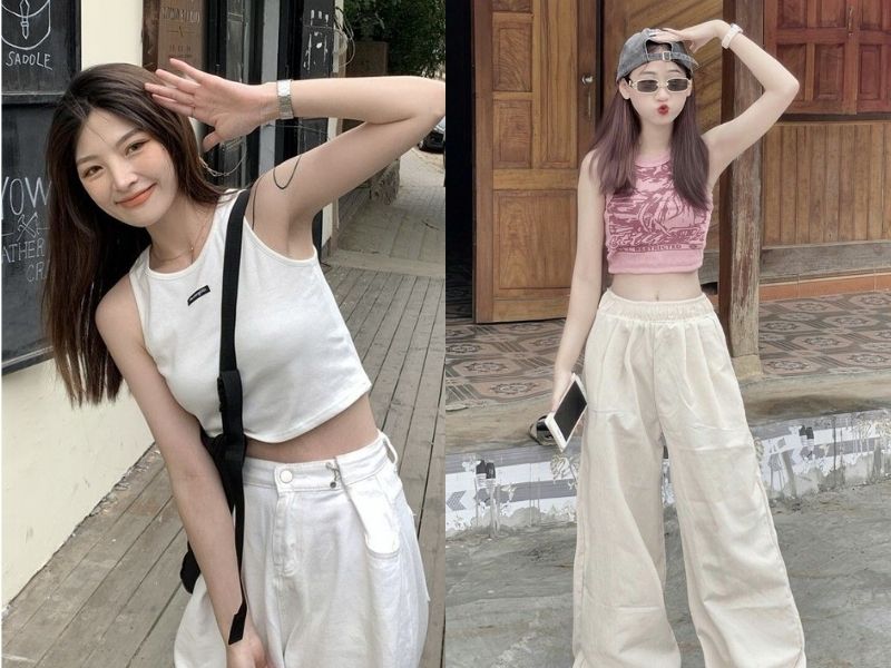 Croptop phối quần dài ống rộng