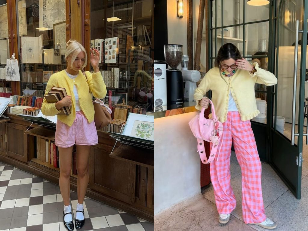 phối đồ màu vàng với quần màu hồng