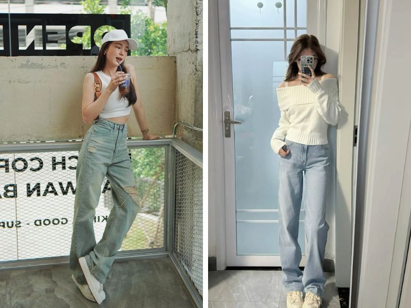 áo hai dây và áo trễ vai quần jean ống suông