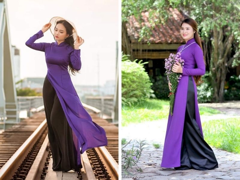 Áo dài tím kết hợp với quần màu đen