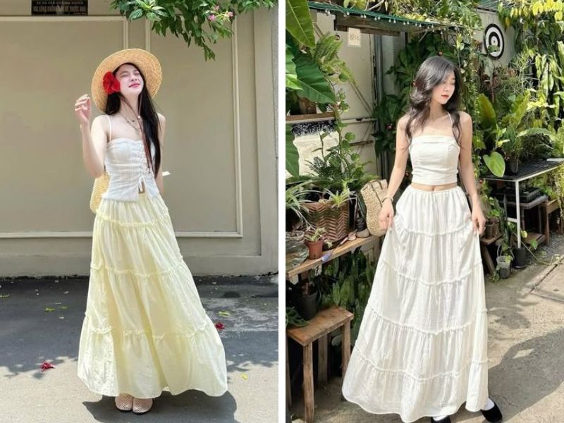 chân váy dài xòe với áo hai dây croptop