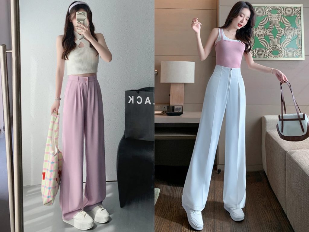 Quần tây hồng kết hợp cùng áo trắng 