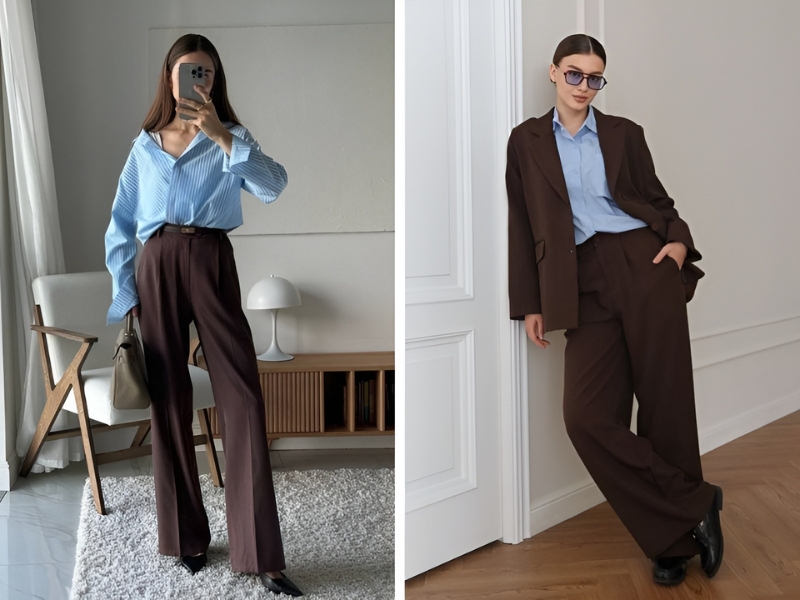 Phối áo sơ mi xanh dương và quần tây màu nâu 