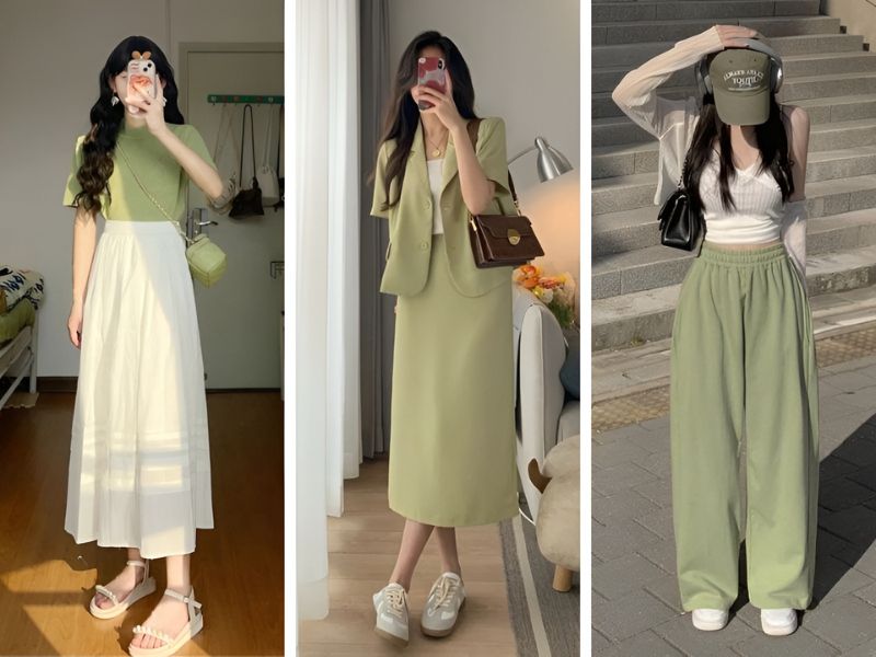 Phối đồ màu xanh bơ và màu trắng