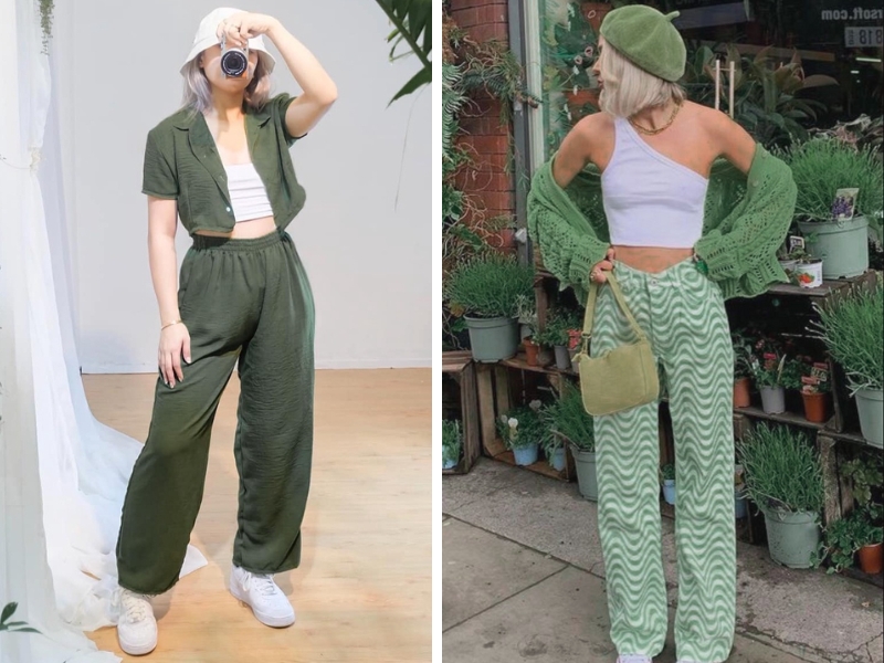 Combo xanh rêu đậm gồm quần thun và áo sơ mi crop
