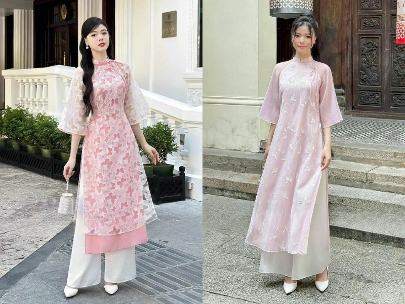 Phối áo dài hồng với quần trắng