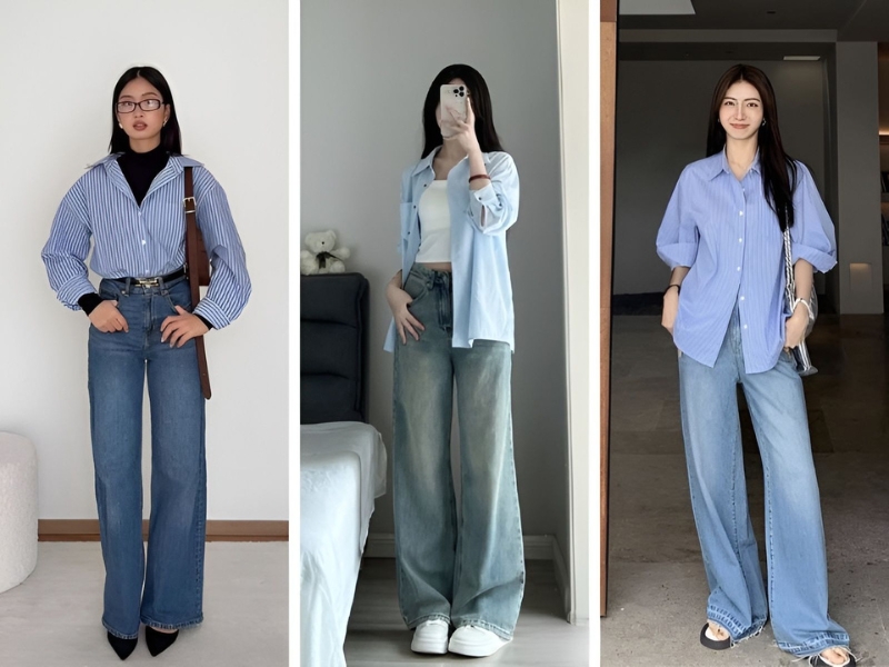 Phối áo sơ mi xanh dương và quần jean 