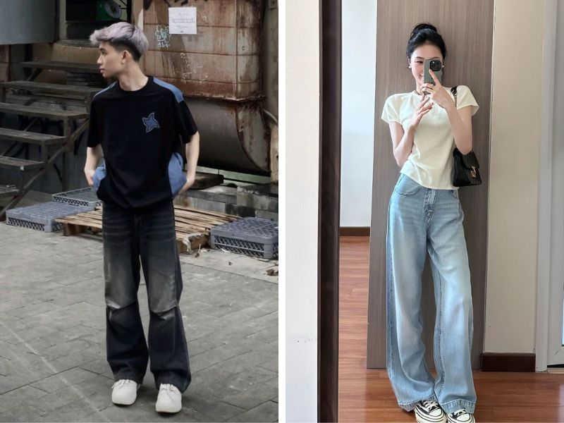 quần jean ống rộng áo thun outfit