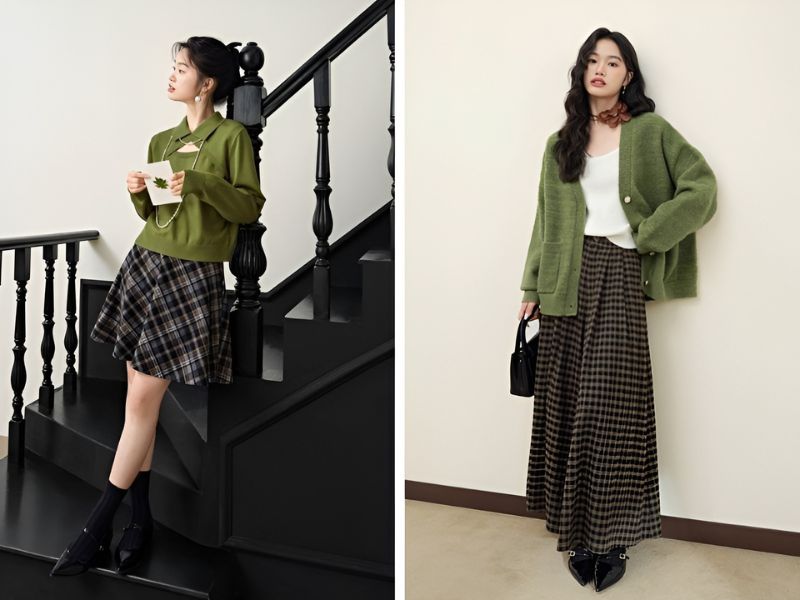 Phối áo cardigan xanh bơ và chân váy
