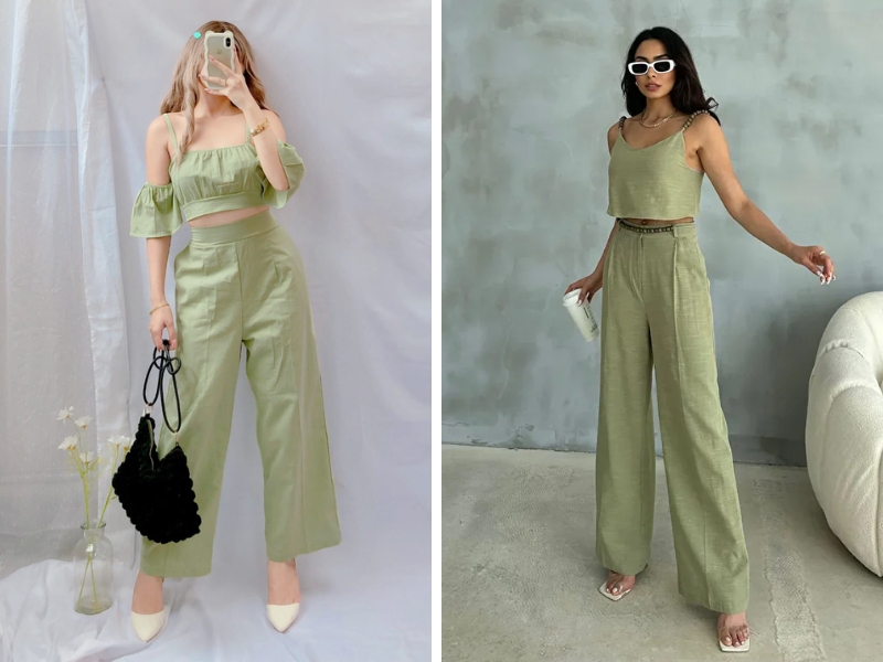 áo crop top hai dây hoặc áo trễ vai xanh nhạt phối cùng quần suông