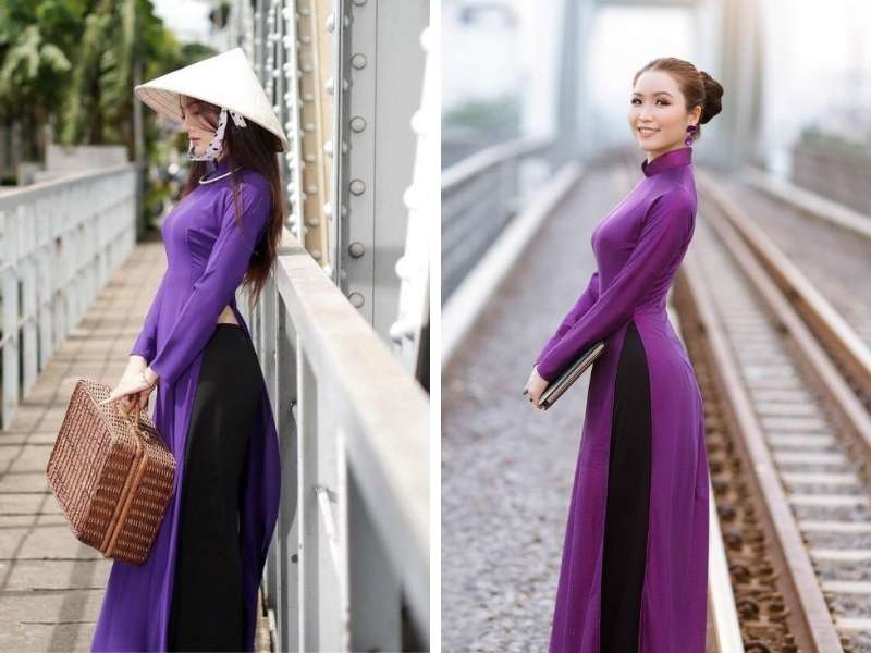 Áo dài tím mặc với quần màu đen