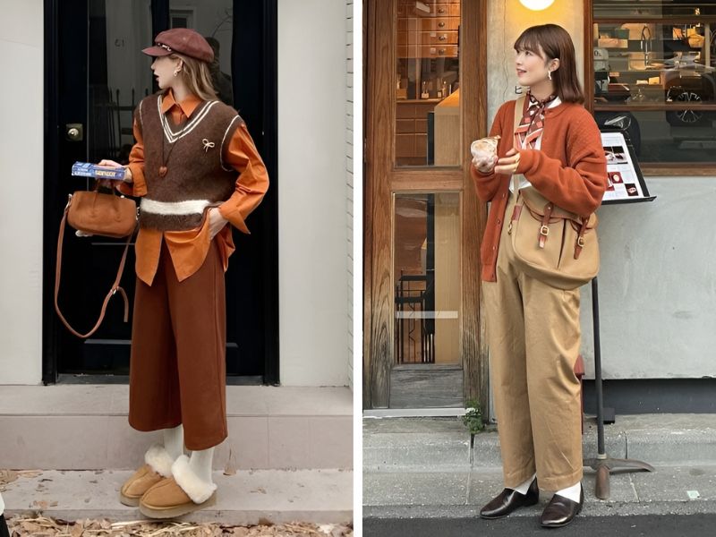 Phối áo màu cam và quần màu nâu