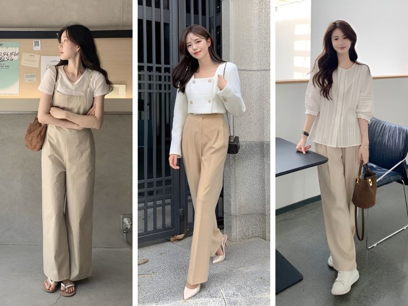 Phối quần màu kem và áo không cổ