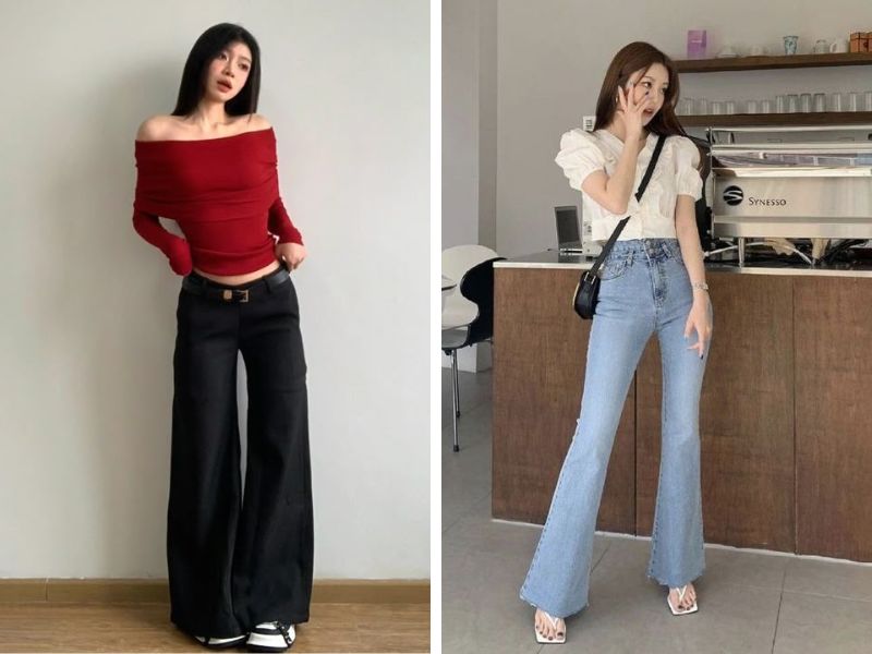 áo trễ vai hoặc áo blouse với quần ống loe