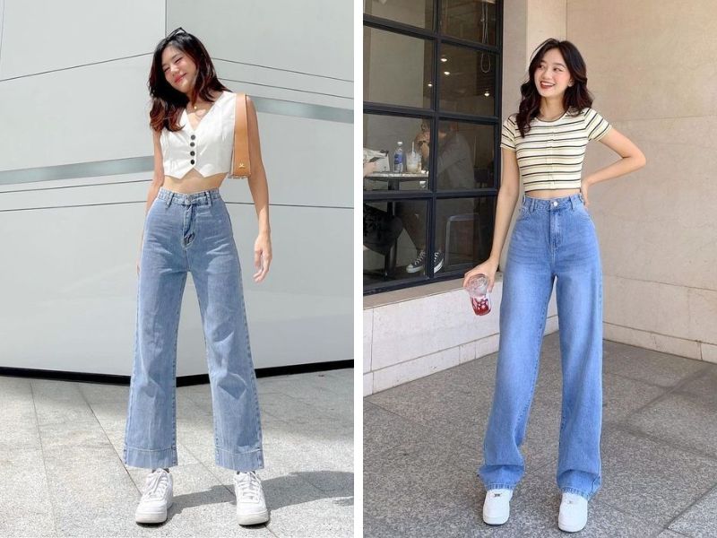 áo croptop và quần jean ống suông