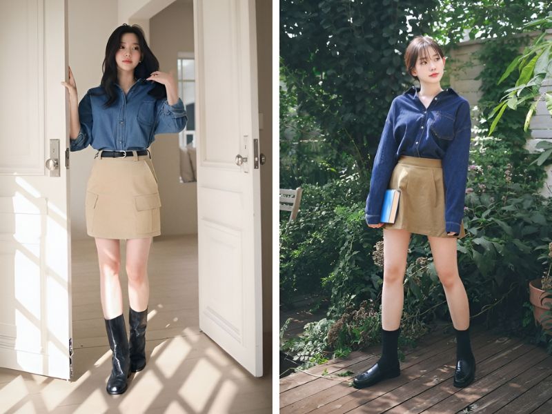 Phối áo sơ mi jean và chân váy kaki