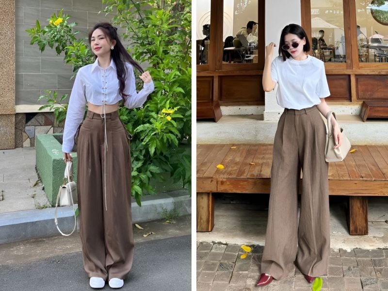 Phối áo màu trắng và quần dài màu nâu