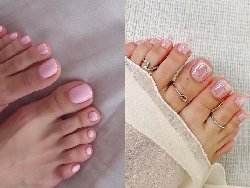 móng chân màu hồng tráng gương và pastel