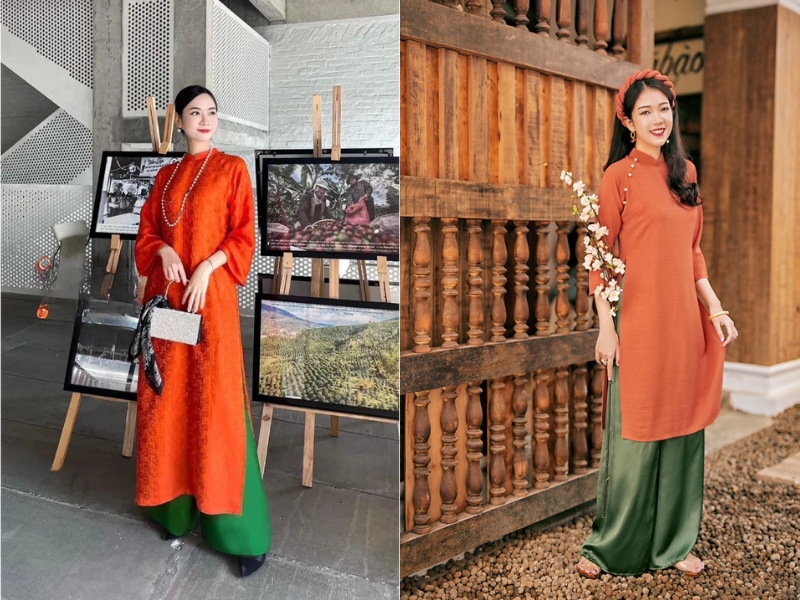 áo dài màu cam phối với quần Gam xanh lá 