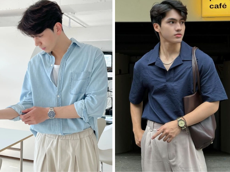 Outfit áo xanh dương mặc quần trắng kem cho nam