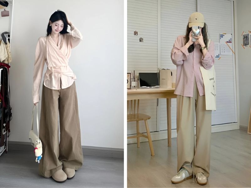 Phối quần nâu và áo màu hồng
