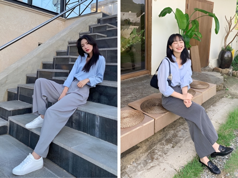 Phối áo sơ mi xanh dương và quần màu xám  