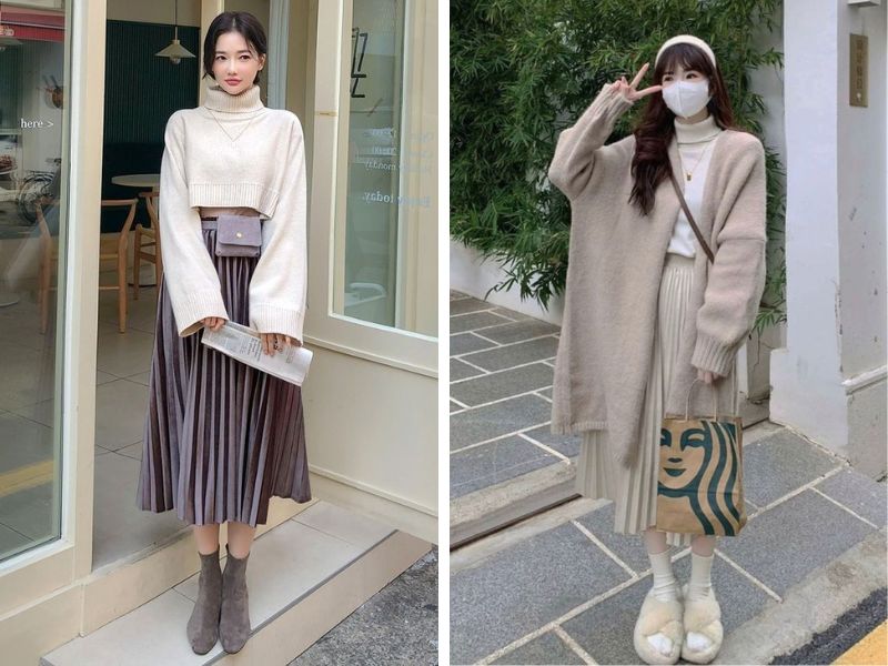 outfit mùa đông chân váy xòe dài áo cổ lọ áo khoác trench coat