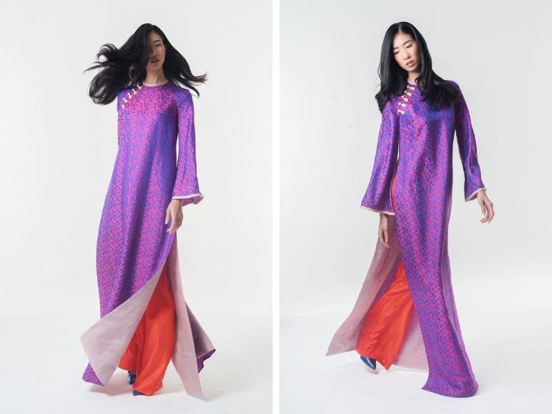 Áo dài tím phối với quần màu đỏ