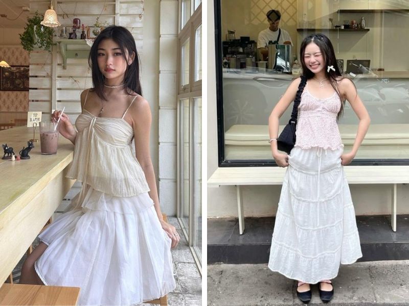áo hai dây và chân váy trắng dài