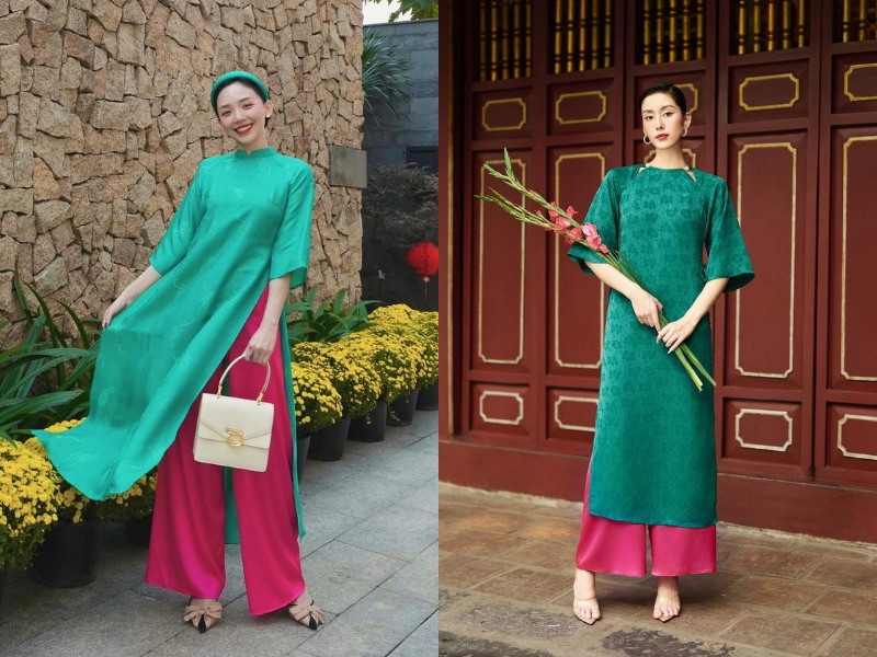 phối đồ áo dài xanh ngọc với quần hồng